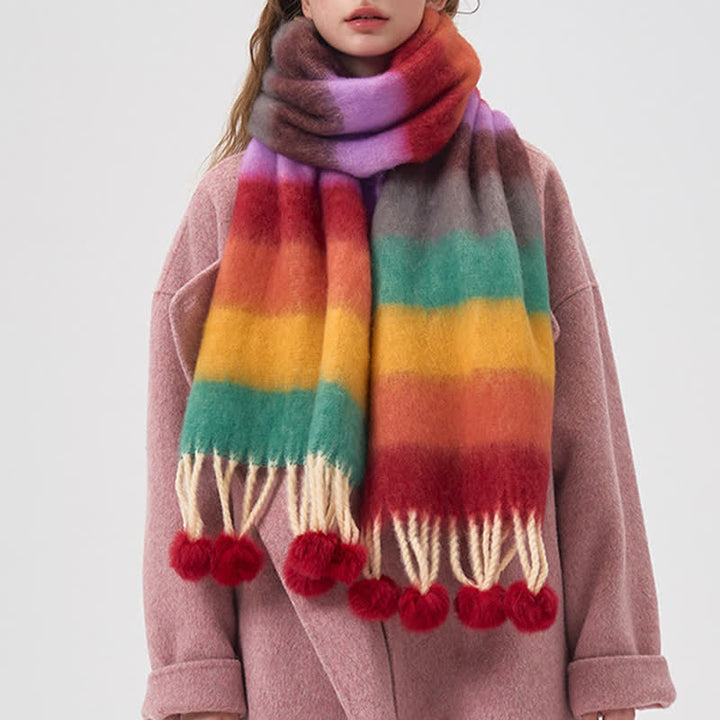 Bufanda de mujer con borlas y rayas de colores del arco iris