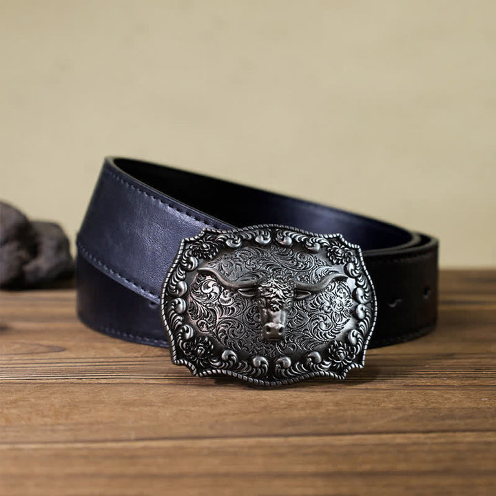Cinturón de cuero con hebilla plateada envejecida con diseño de toro Longhorn para hombre