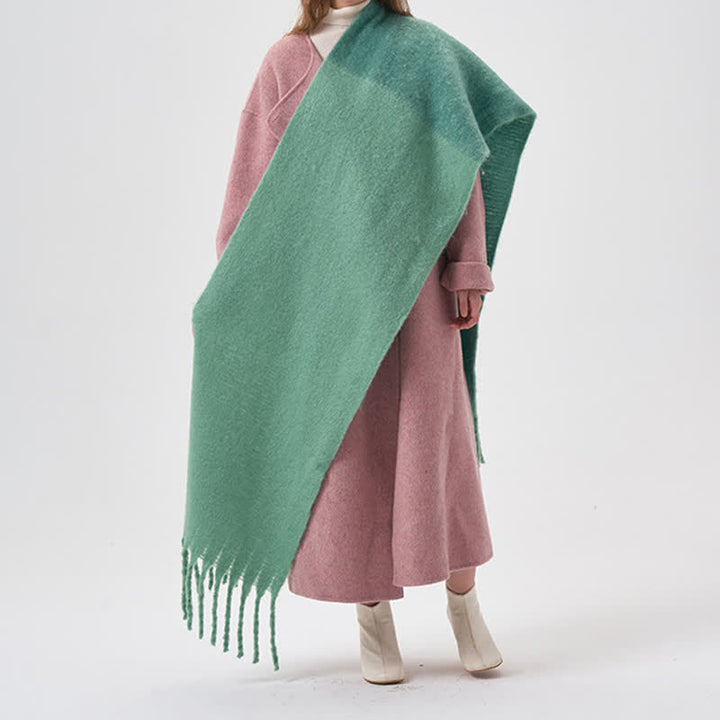Bufanda sencilla de invierno de dos tonos con flecos para mujer