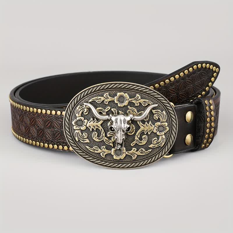 Cinturón de cuero con relieve de cabeza de toro en color marrón oscuro para hombre