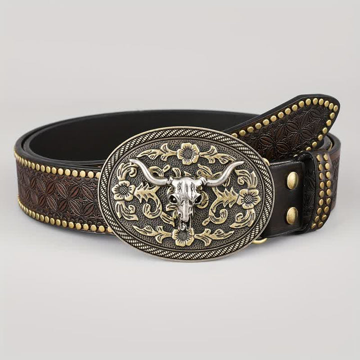Cinturón de cuero con relieve de cabeza de toro en color marrón oscuro para hombre
