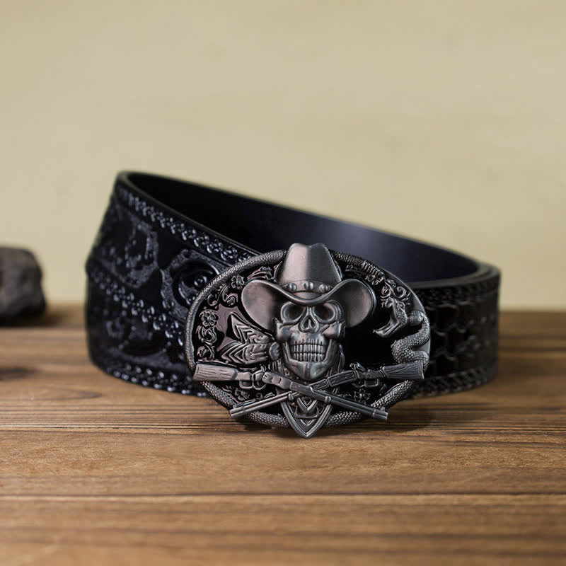 Cinturón de cuero con hebilla de calavera y pistola cruzada para hombre hecho a mano
