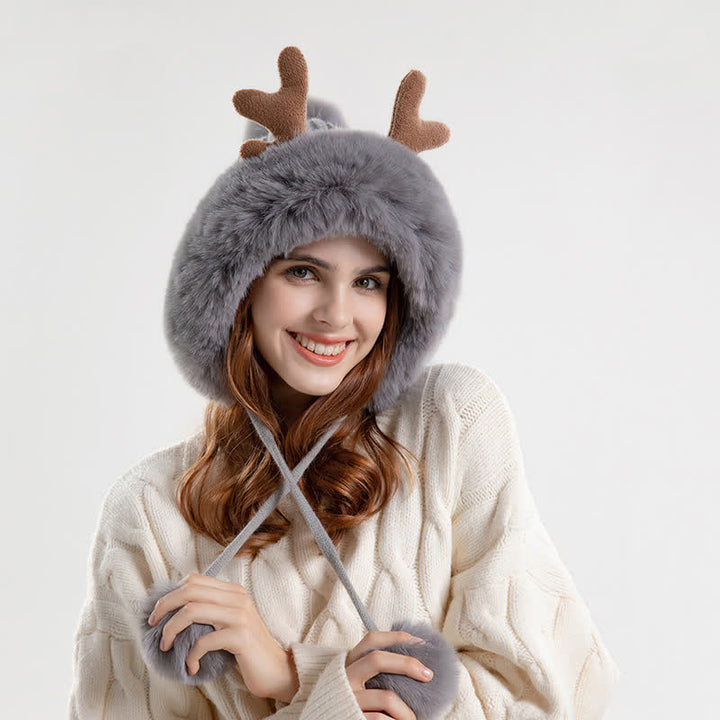Gorro de punto con pompón de cuerno de ciervo para mujer