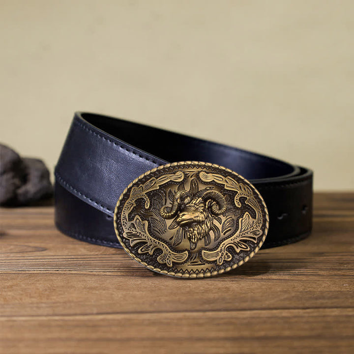 Cinturón de cuero con hebilla de cabeza de cabra salvaje de bronce para hombre hecho a mano