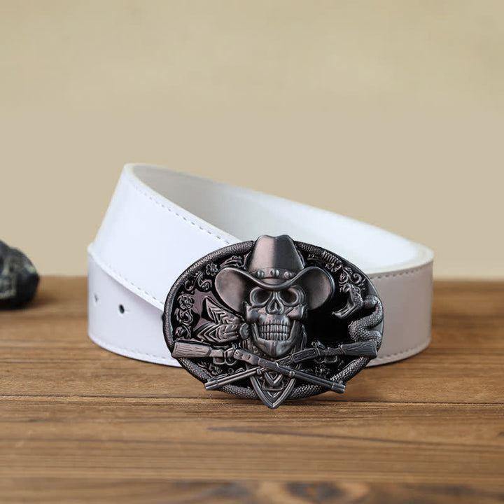 Cinturón de cuero con hebilla de calavera y pistola cruzada para hombre hecho a mano