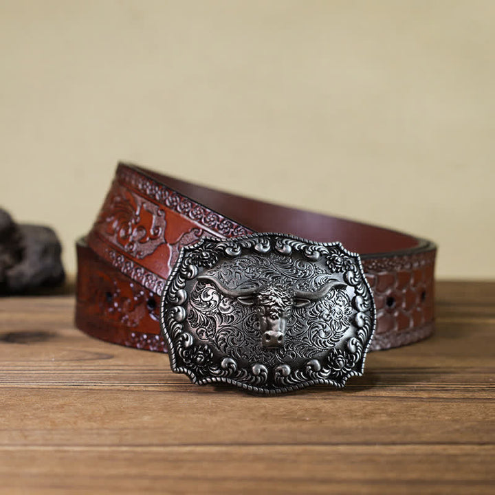 Cinturón de cuero con hebilla plateada envejecida con diseño de toro Longhorn para hombre