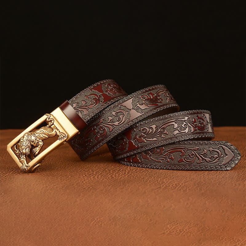 Cinturón de cuero con estampado floral y hebilla de tigre para hombre