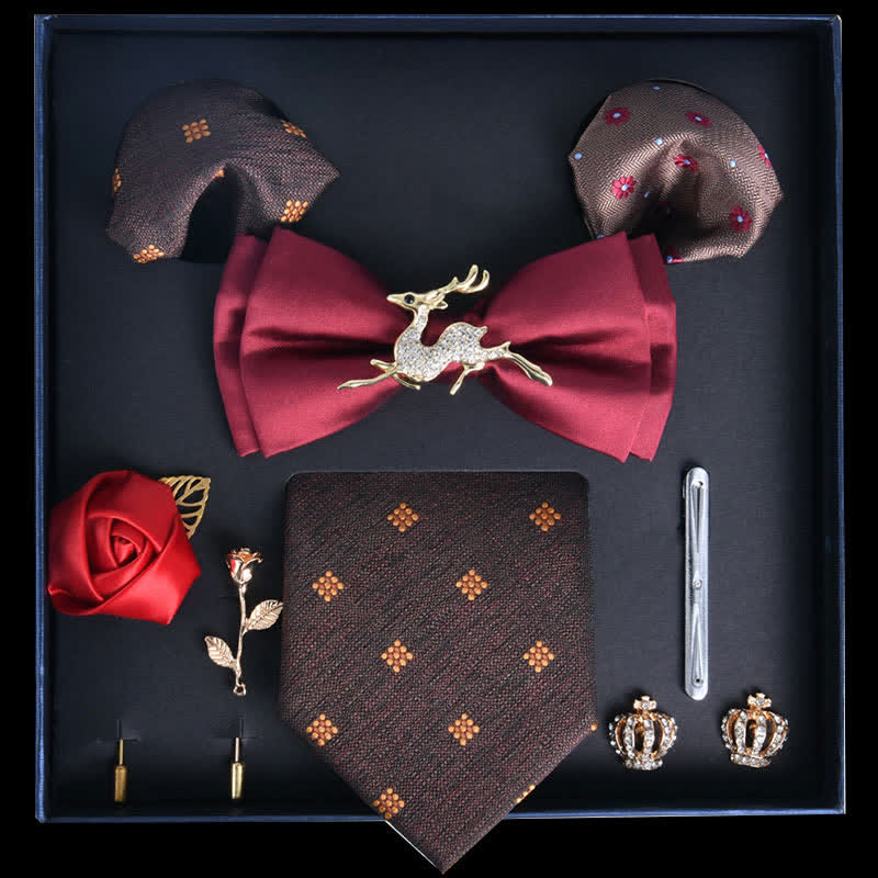 Caja de regalo con 8 pajaritas de lujo con estampado noble en rojo y marrón