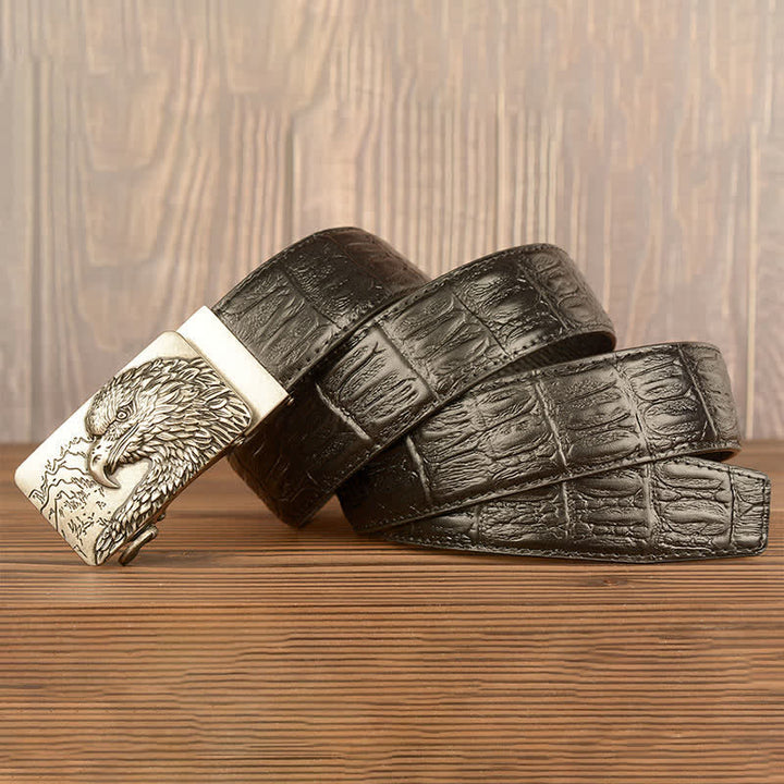 Cinturón de piel con estampado de cocodrilo y águila tallada para hombre