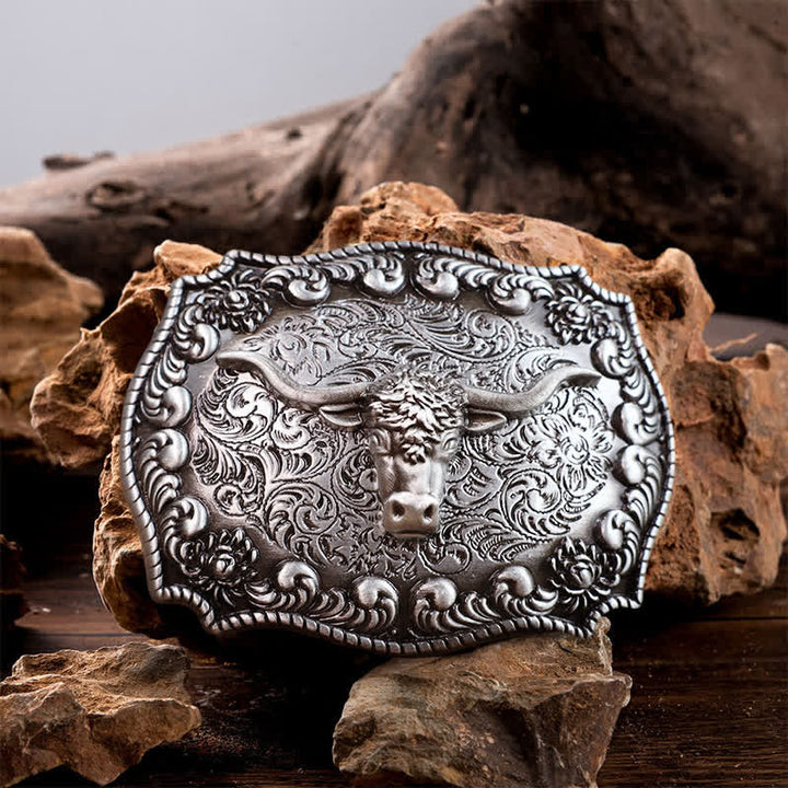Cinturón de cuero con hebilla plateada envejecida con diseño de toro Longhorn para hombre