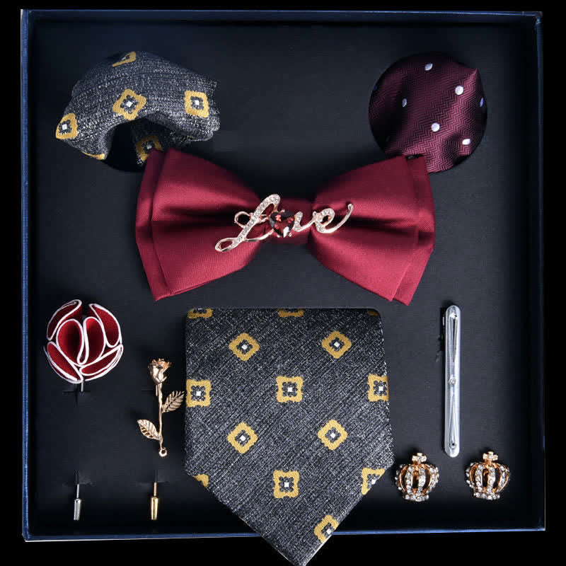 Caja de regalo con 8 pajaritas de lujo con estampado noble en rojo y gris pizarra claro