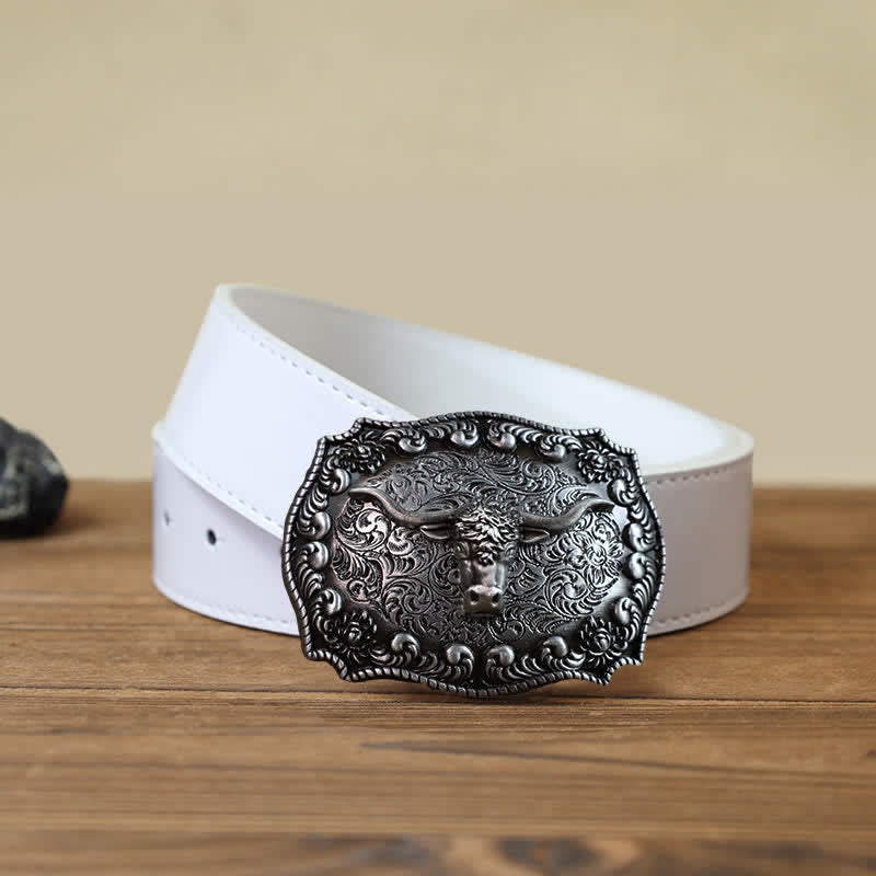 Cinturón de cuero con hebilla plateada envejecida con diseño de toro Longhorn para hombre