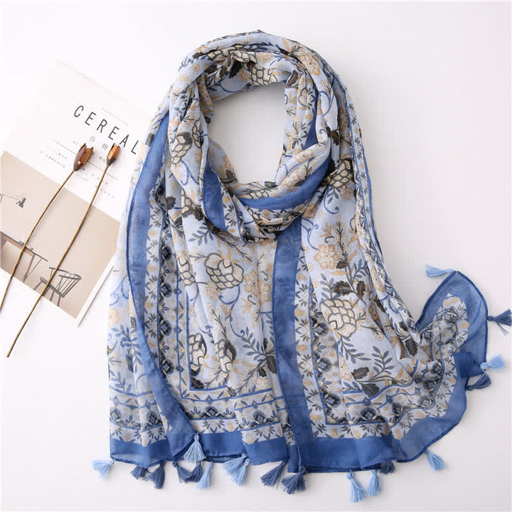 Bufanda con borlas y estampado floral bohemio para mujer