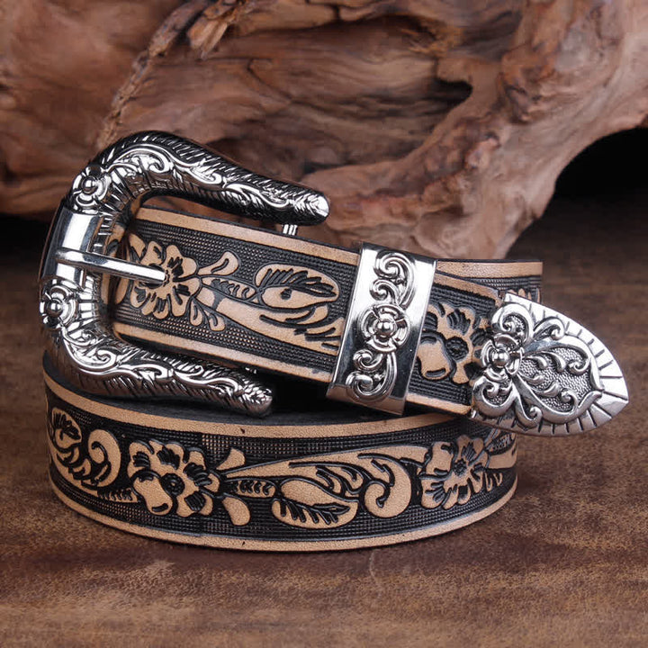 Cinturón unisex vintage de piel con estampado de rosas pequeñas