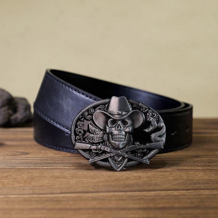 Cinturón de cuero con hebilla de calavera y pistola cruzada para hombre hecho a mano