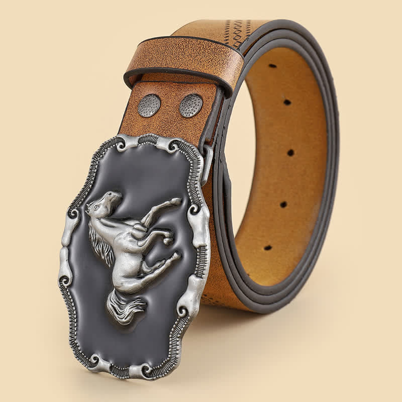 Cinturón de cuero con hebilla clásica de caballo corriendo en plata para hombre