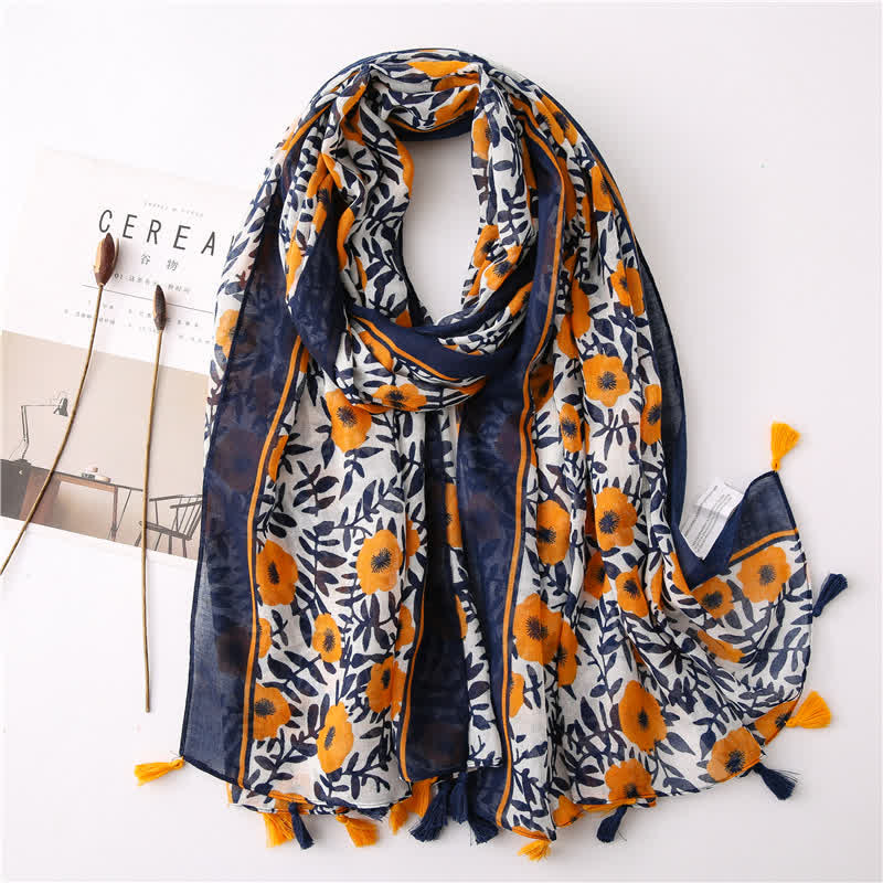 Bufanda con borlas y estampado floral bohemio para mujer