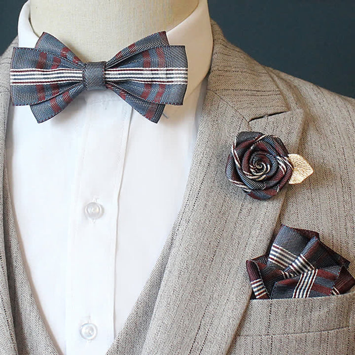 Conjunto de 3 pajaritas a cuadros con rayas horizontales para hombre