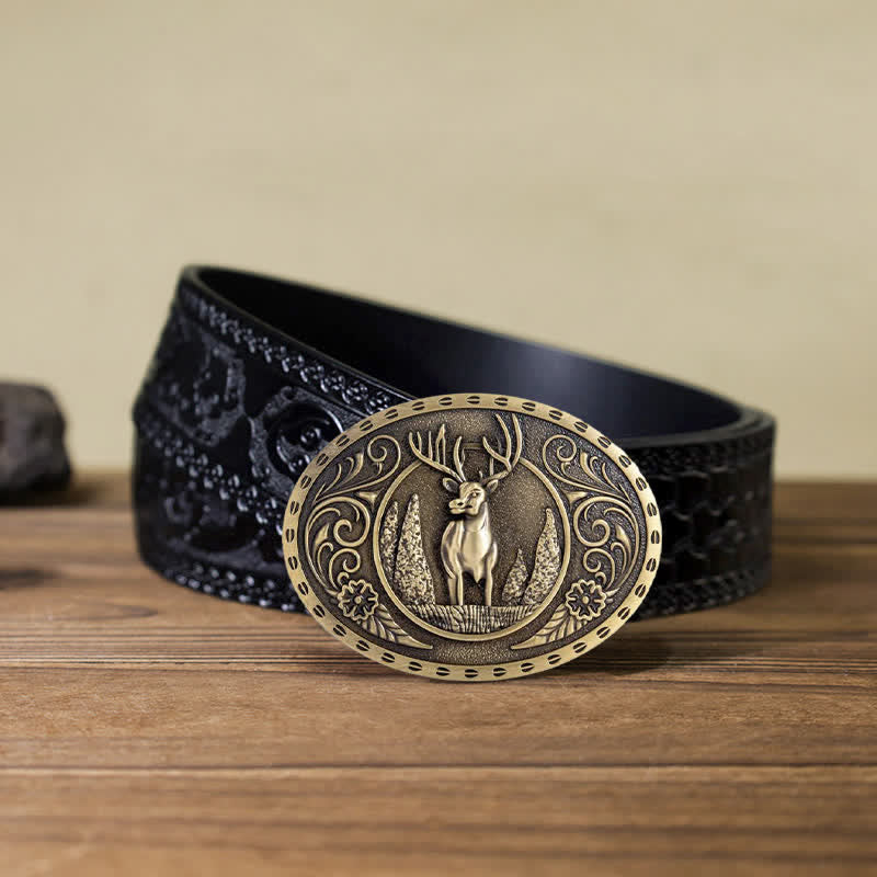 Cinturón de cuero con hebilla ovalada con diseño de ciervo del bosque para hombre hecho a mano