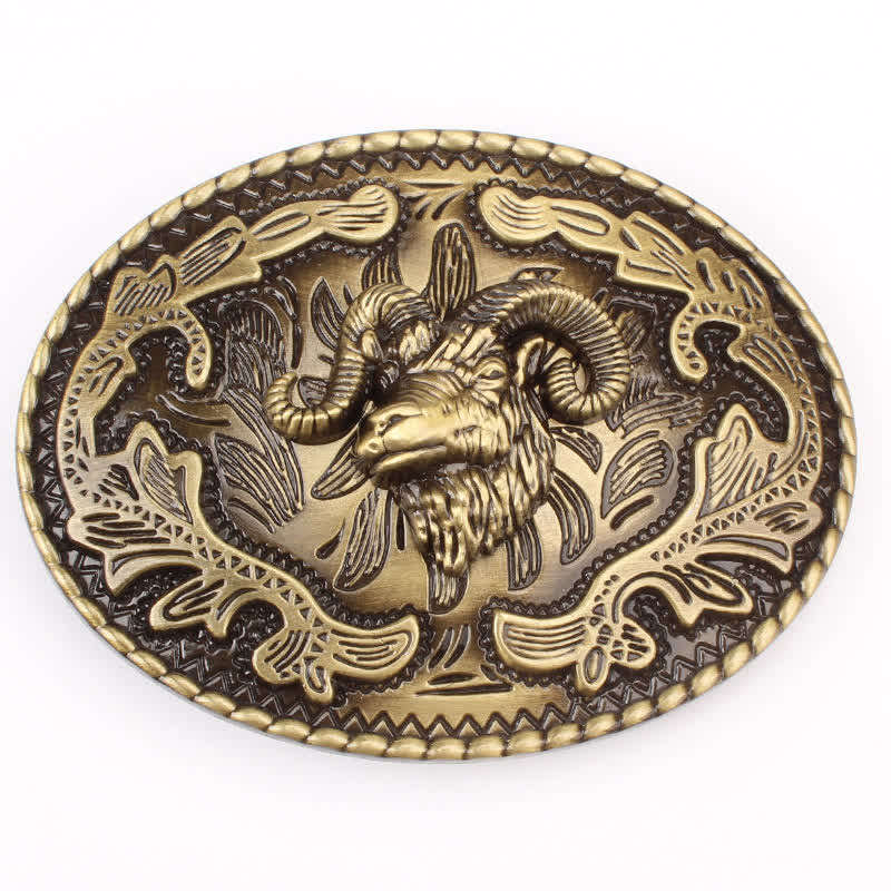 Cinturón de cuero con hebilla de cabeza de cabra salvaje de bronce para hombre hecho a mano