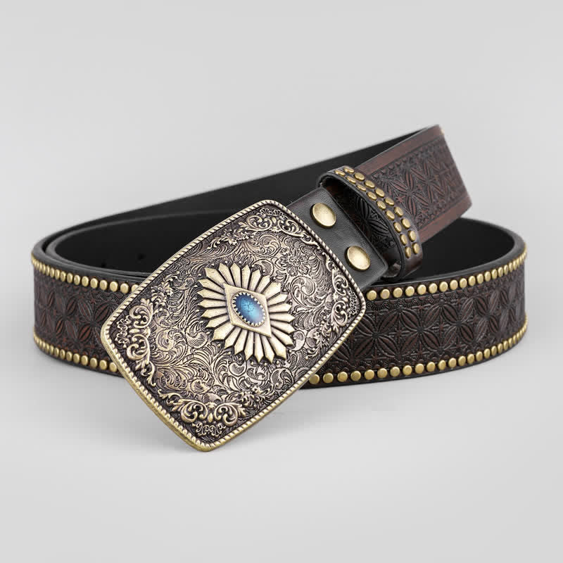Cinturón de cuero con grabado de flores retro para hombre