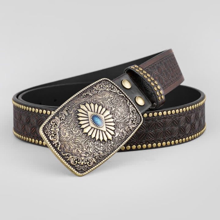 Cinturón de cuero con grabado de flores retro para hombre
