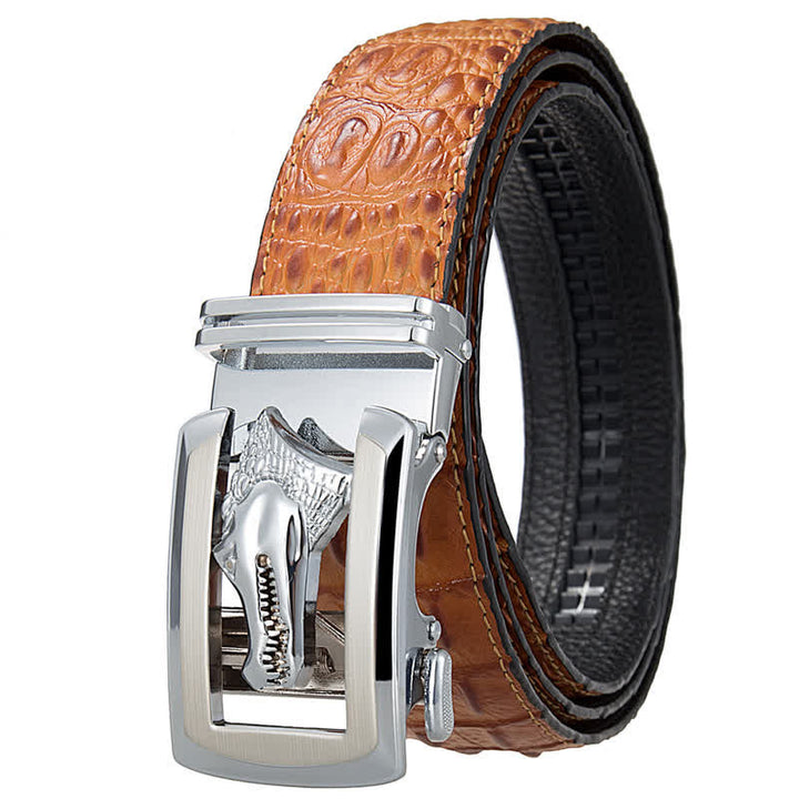 Cinturón de piel con estampado de cocodrilo y hebilla automática hueca para hombre