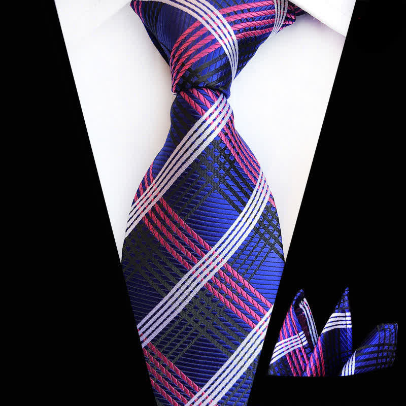 Conjunto de 2 corbatas y pañuelos a cuadros azules y violetas para hombre