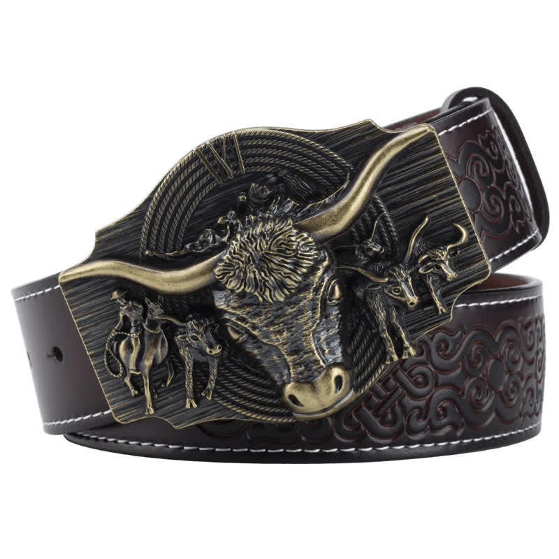 Cinturón de cuero con relieve de toro Longhorn para hombre