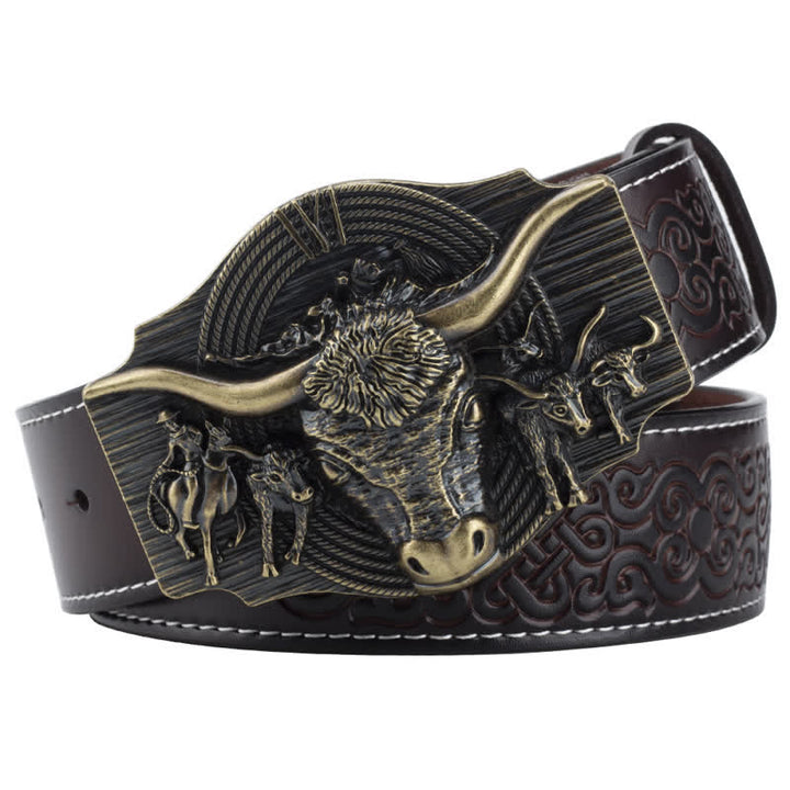 Cinturón de cuero con relieve de toro Longhorn para hombre