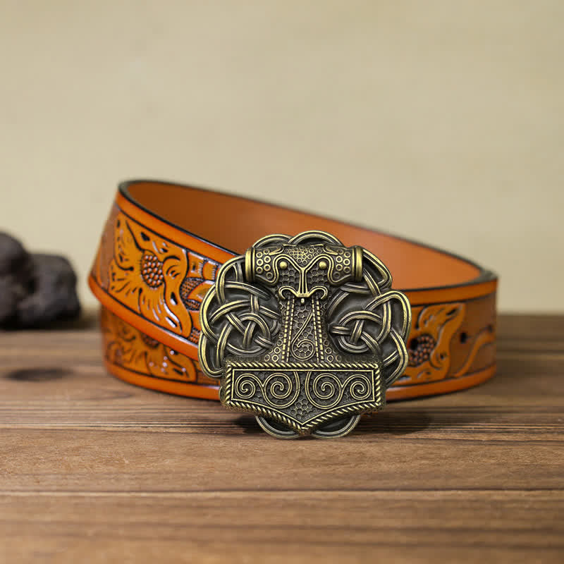 Cinturón de cuero con hebilla de martillo de Thor vikingo para hombre hecho a mano