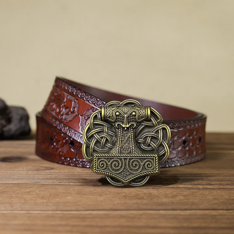 Cinturón de cuero con hebilla de martillo de Thor vikingo para hombre hecho a mano