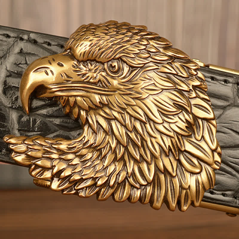 Cinturón de piel con relieve de cocodrilo y cabeza de águila para hombre