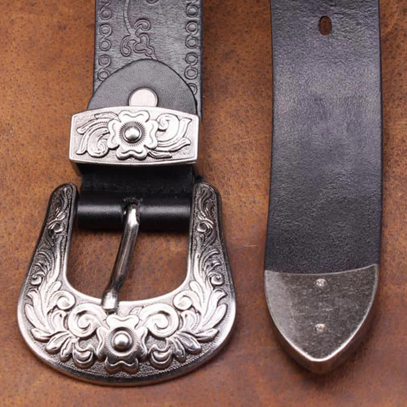 Cinturón unisex de piel con estampado de flores y textura rústica