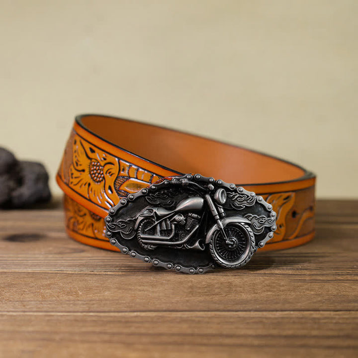 Cinturón de cuero con hebilla de motocicleta y locomotora para hombre