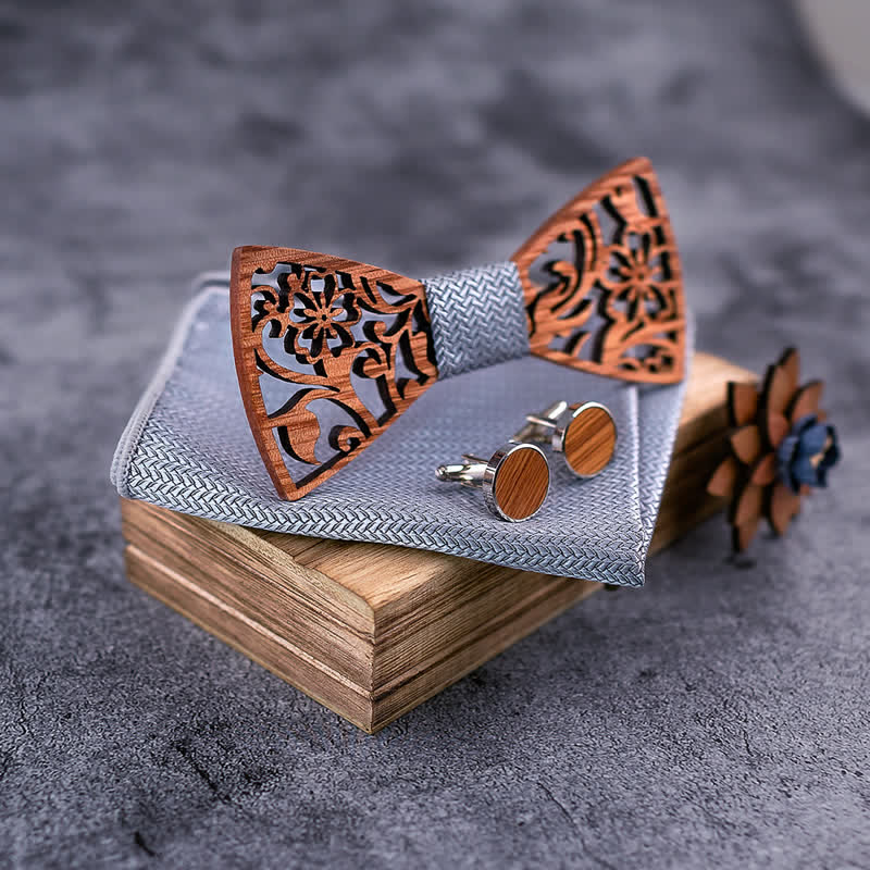 Juego de 4 pajaritas de madera huecas con diseño floral para hombre