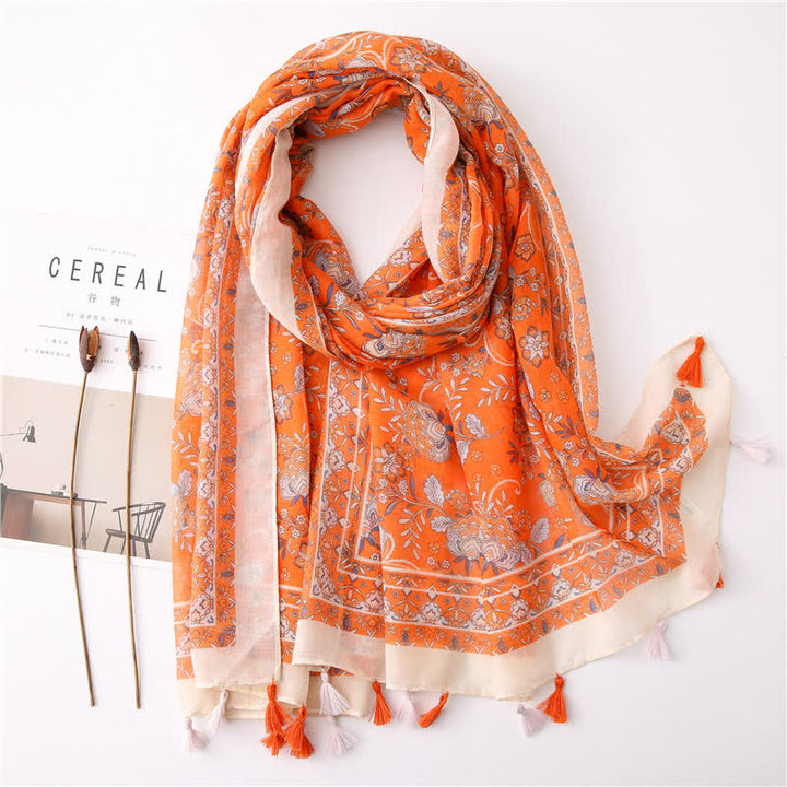 Bufanda con borlas y estampado floral bohemio para mujer