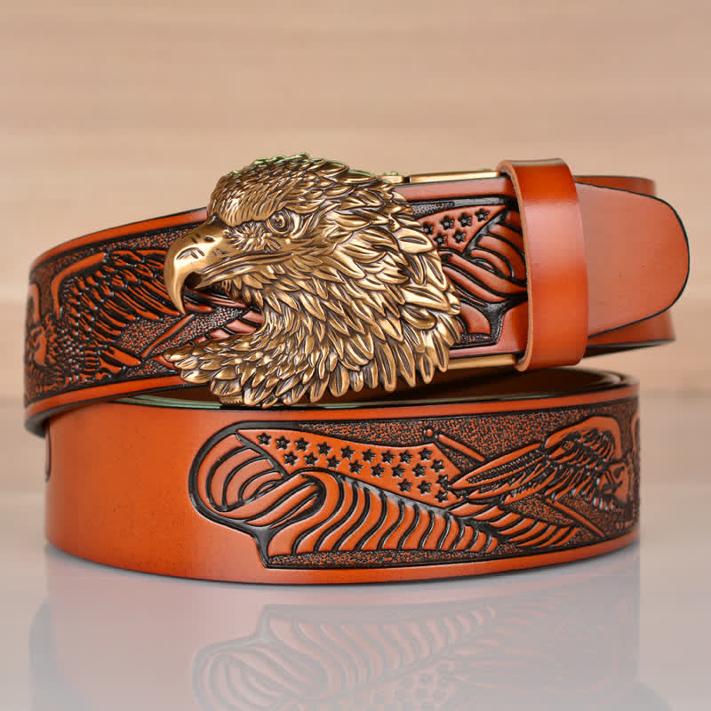Cinturón de cuero con hebilla automática y cabeza de águila intrincada para hombre