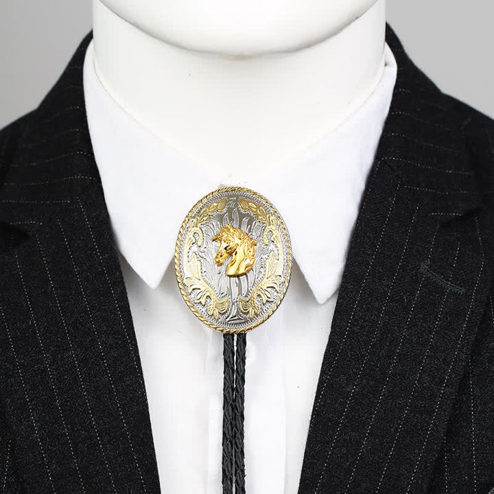 Corbata bolo retro creativa con cabeza de caballo occidental dorada