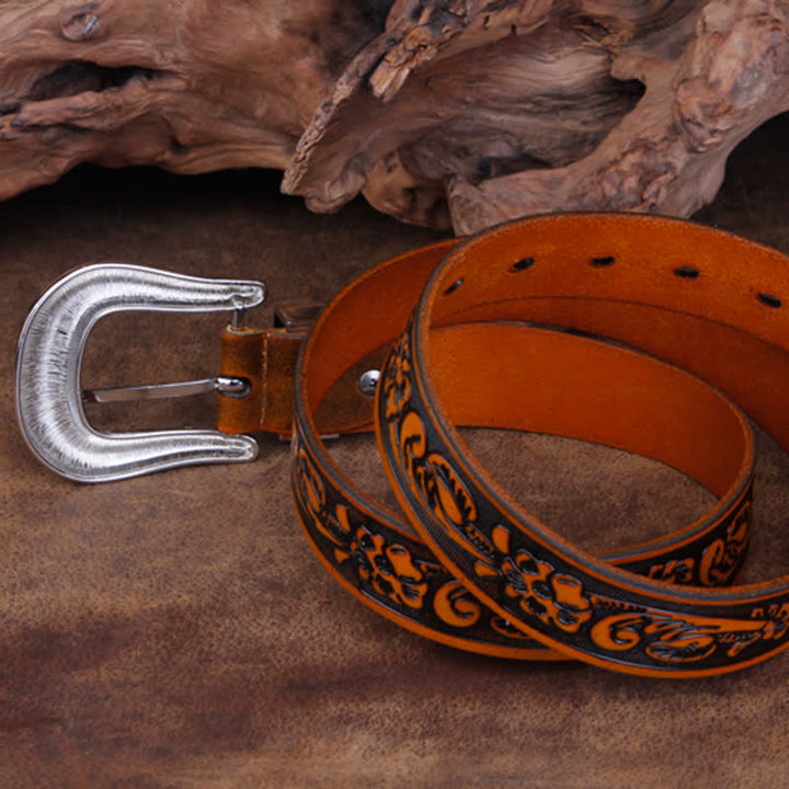 Cinturón unisex vintage de piel con estampado de rosas pequeñas