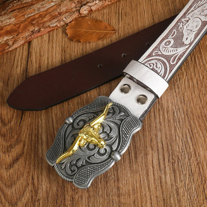 Cinturón de cuero de toro longhorn dorado cuadrado para hombre