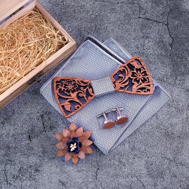 Juego de 4 pajaritas de madera huecas con diseño floral para hombre