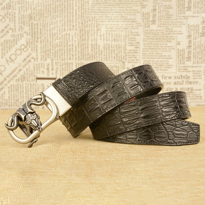 Cinturón de piel con hebilla automática y estampado de cocodrilo y cabeza de cabra para hombre
