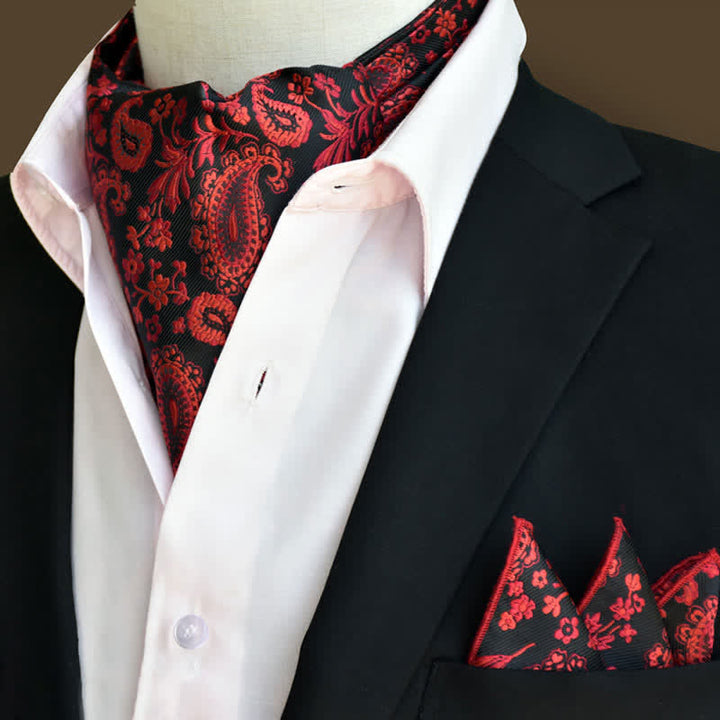 Conjunto de 2 pañuelos de bolsillo y corbata con estampado floral de cachemira en rojo y negro de lujo