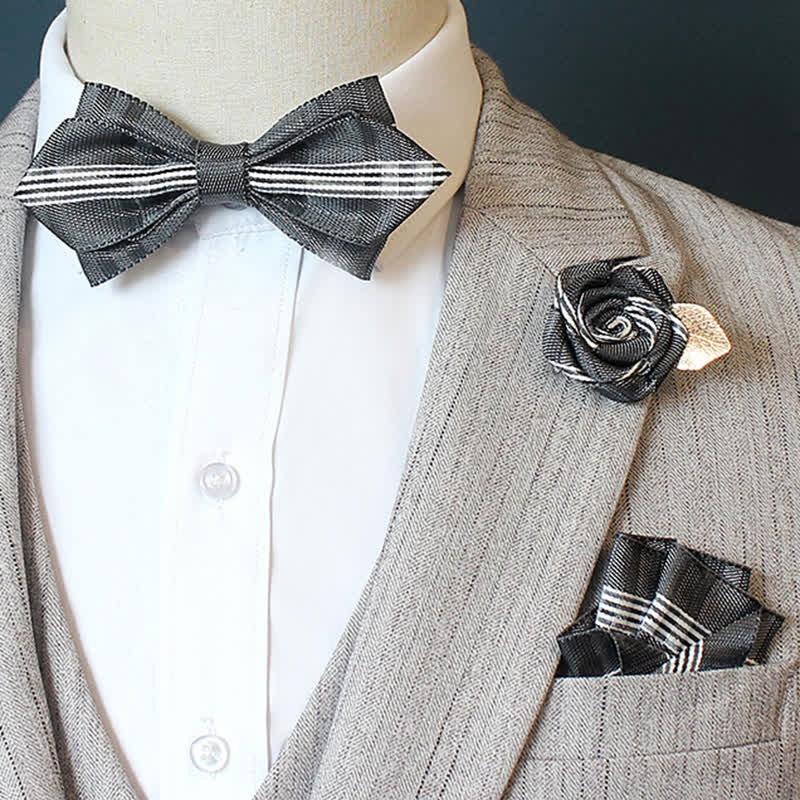 Conjunto de 3 pajaritas a cuadros con rayas horizontales para hombre