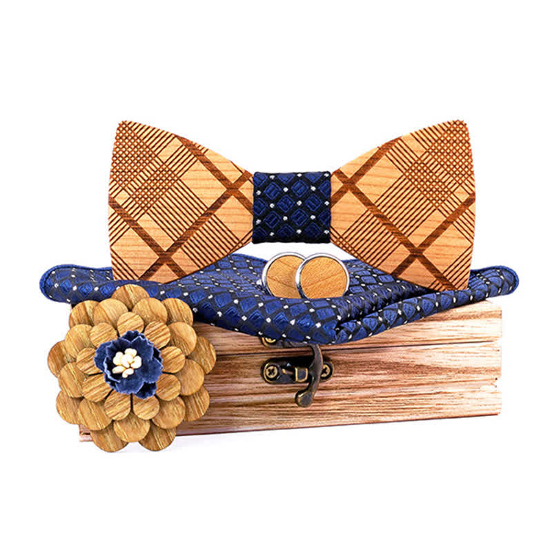 Juego de 4 pajaritas de madera talladas a cuadros para hombre.