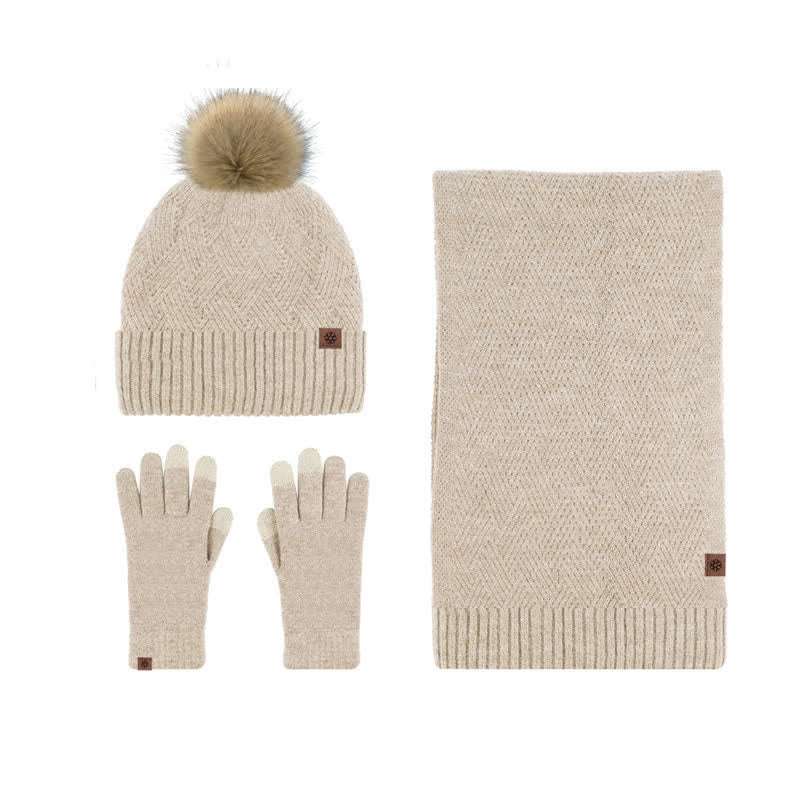 Conjunto de 3 guantes con pantalla táctil y bufanda con pompón tejido para mujer