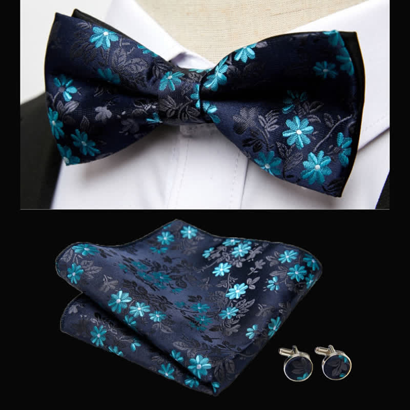 Conjunto de 3 pañuelos de bolsillo con pajarita y estampado floral verde azulado y negro para hombre