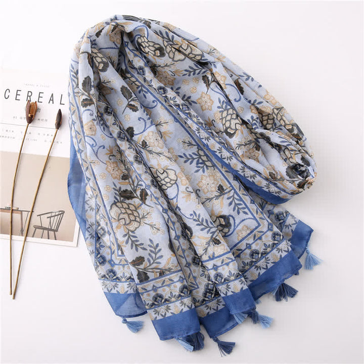 Bufanda con borlas y estampado floral bohemio para mujer