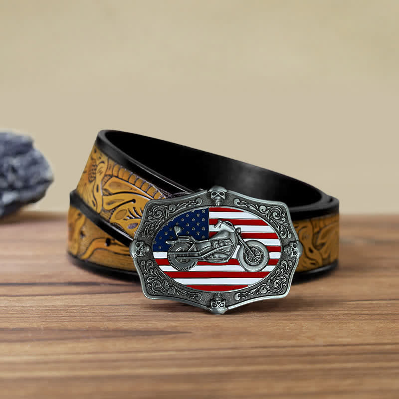 Cinturón de cuero con hebilla de calavera y bandera de EE. UU. para hombre, hecho a mano, con diseño de motocicleta